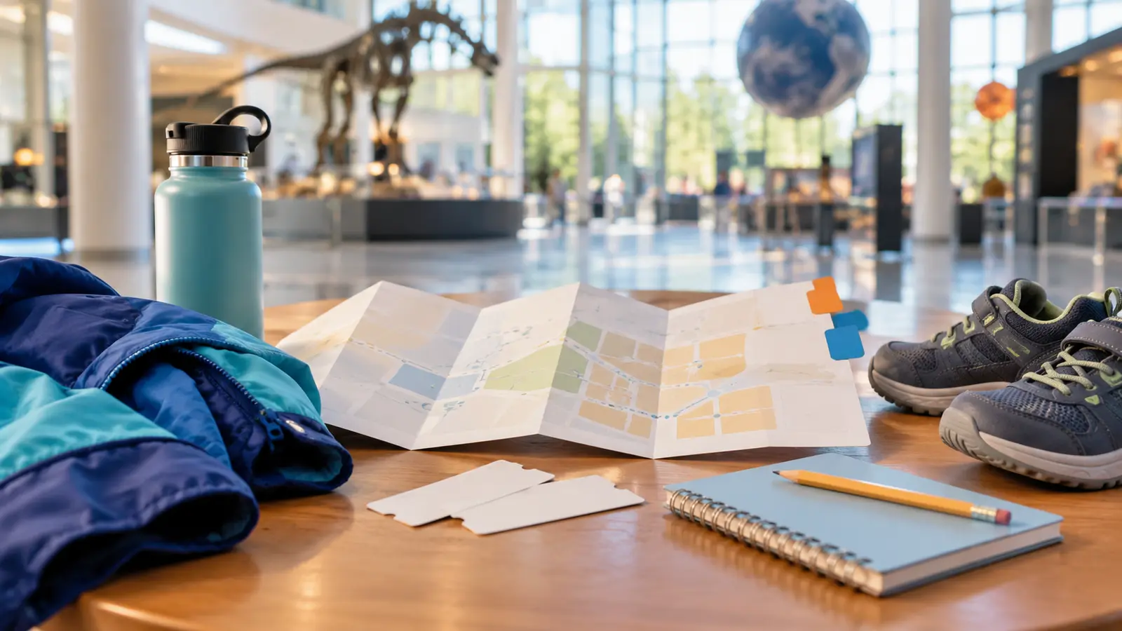 Conceptual family science-museum planning still life with blank map, two color tabs, blank ticket cards, notebook, water bottle, jacket and walking shoes in a generic museum lobby