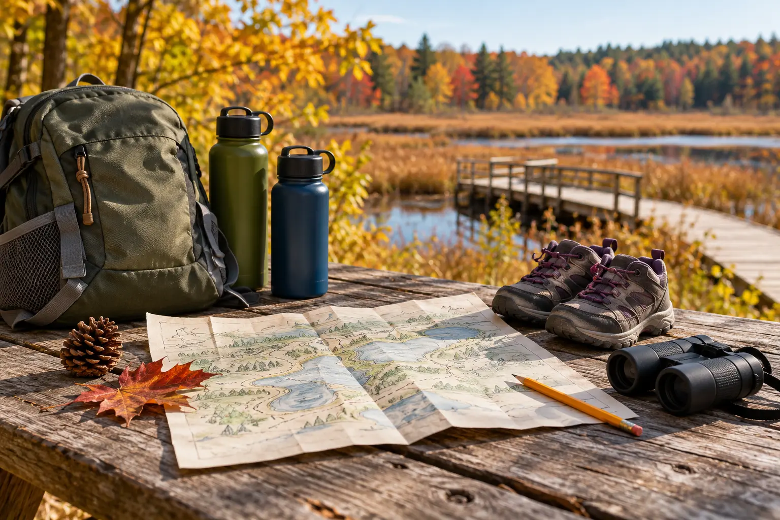 Conceptual family nature-center planning still life with daypack, water bottles, walking shoes, binoculars and a sketch beside an autumn marsh