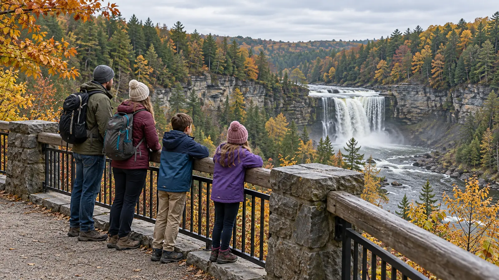 Conceptual family staying behind a railing at a generic forest waterfall overlook in late autumn