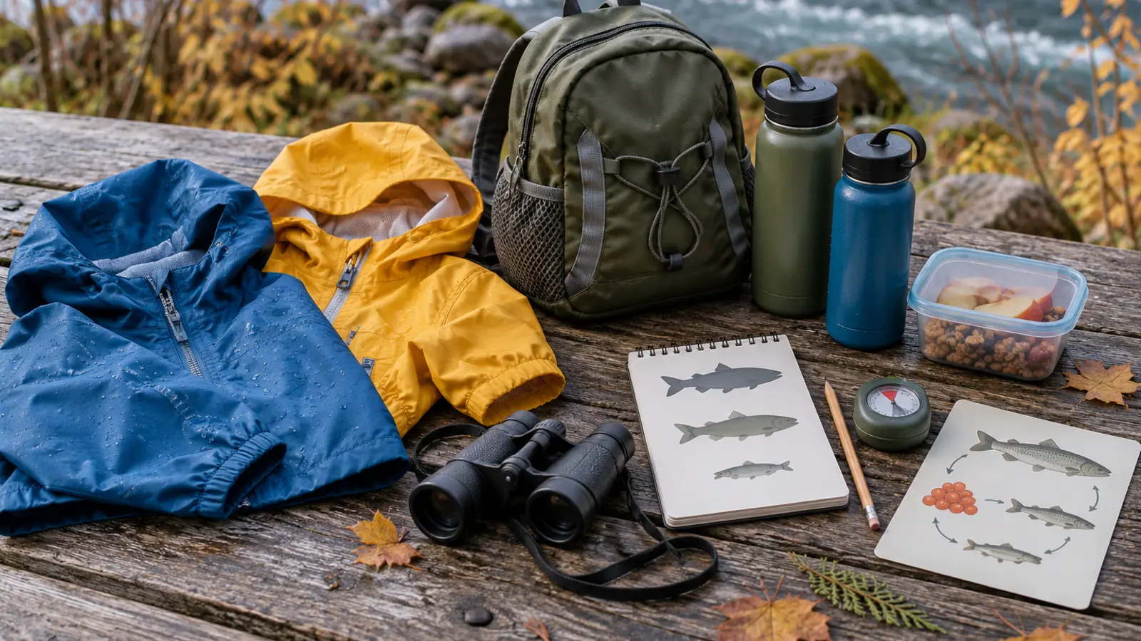 Conceptual family day-trip planning still life with two child rain jackets, a small daypack, water bottles and fish life-cycle cards