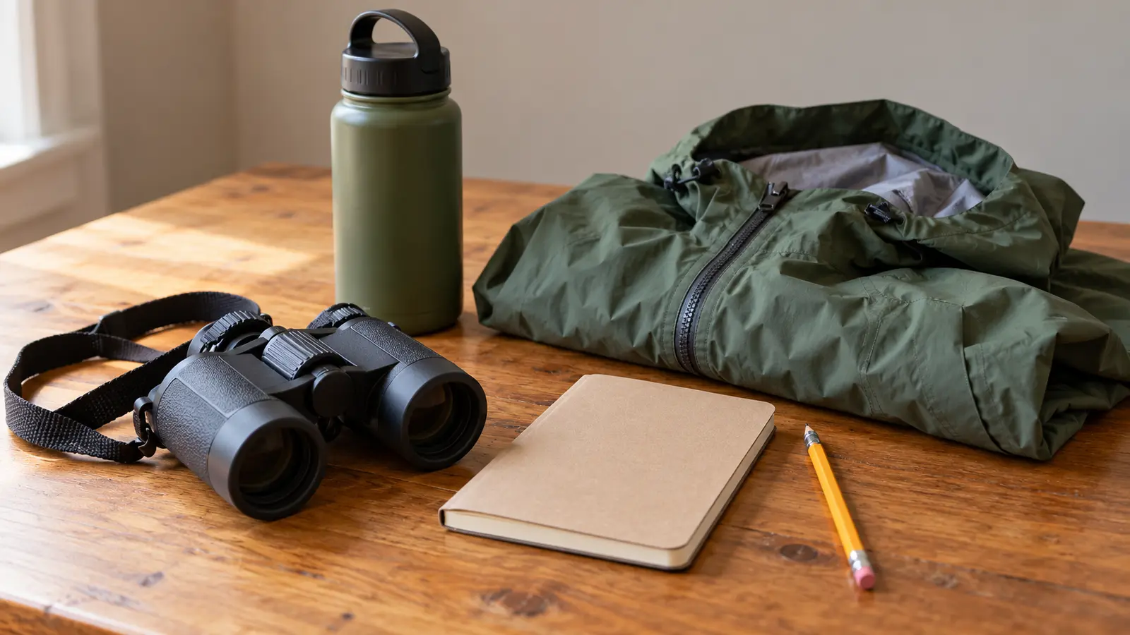Conceptual birding preparation kit with unbranded binoculars, blank notebook, pencil, rain shell and water bottle on a table