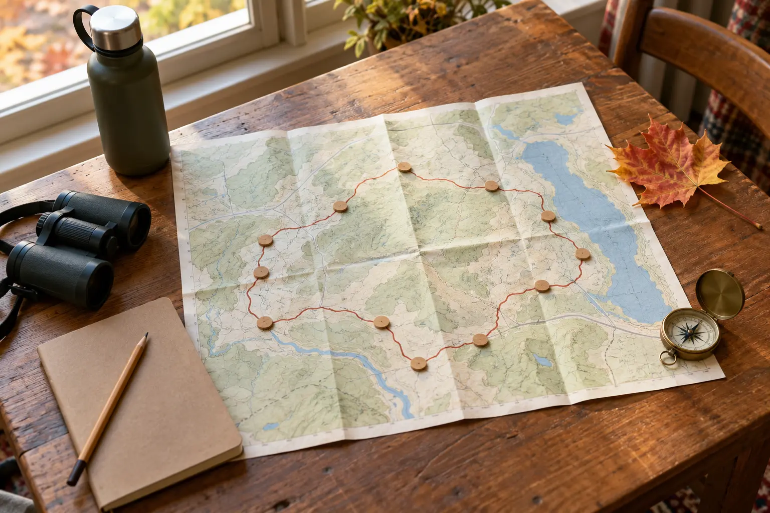 Conceptual family day-trip planning table with an unbranded map, route markers, notebook, water bottle, binoculars, compass and autumn leaf