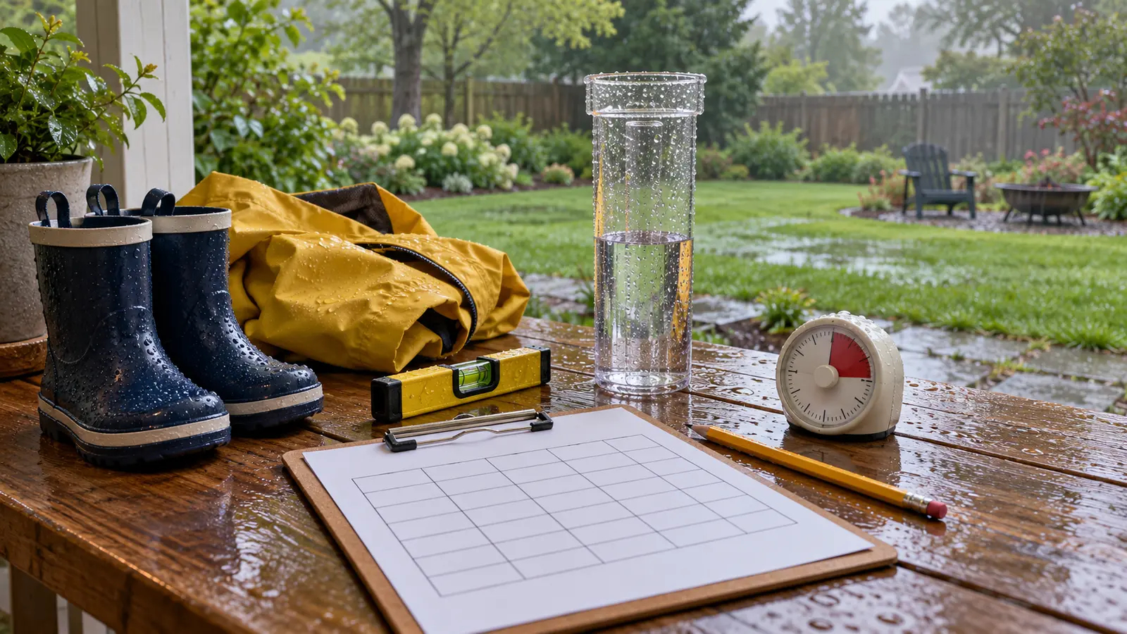 Generic clear manual rain gauge, blank seven-row log, bubble level, pencil, child rain boots and folded rain jacket on a wet porch table