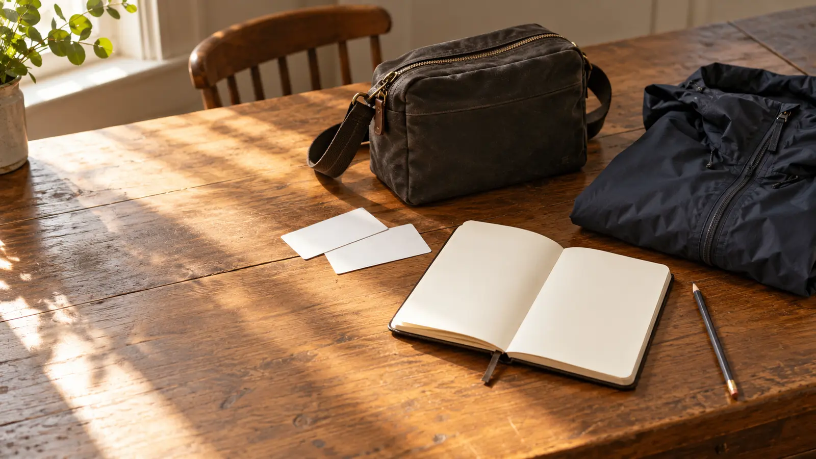 Conceptual guided-tour planning setup with a closed day bag, blank paper cards, notebook, pencil and folded rain shell