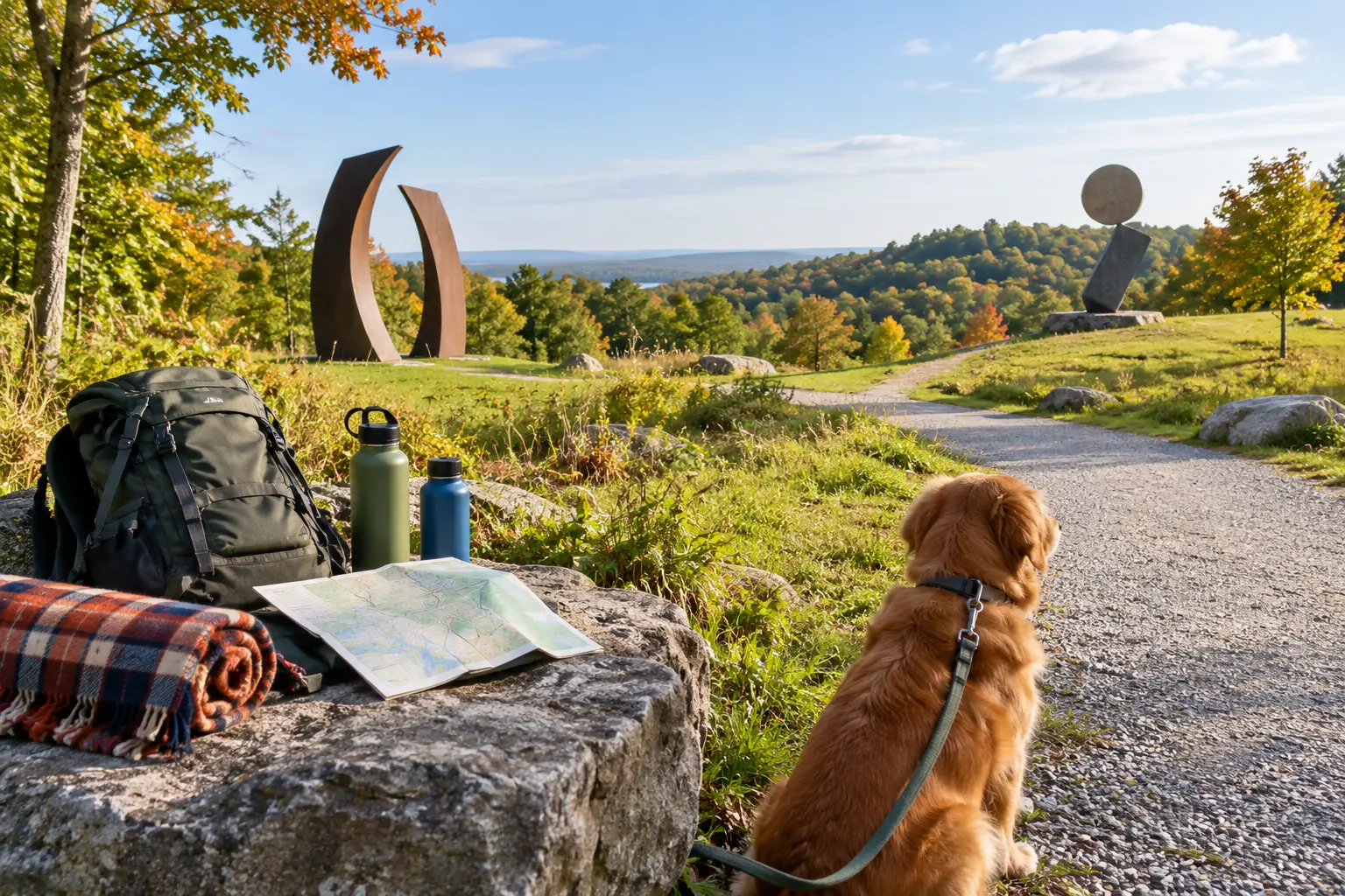 Conceptual hilltop outdoor sculpture walk with a gravel path, two abstract sculptures, a leashed dog, daypack, water and picnic blanket