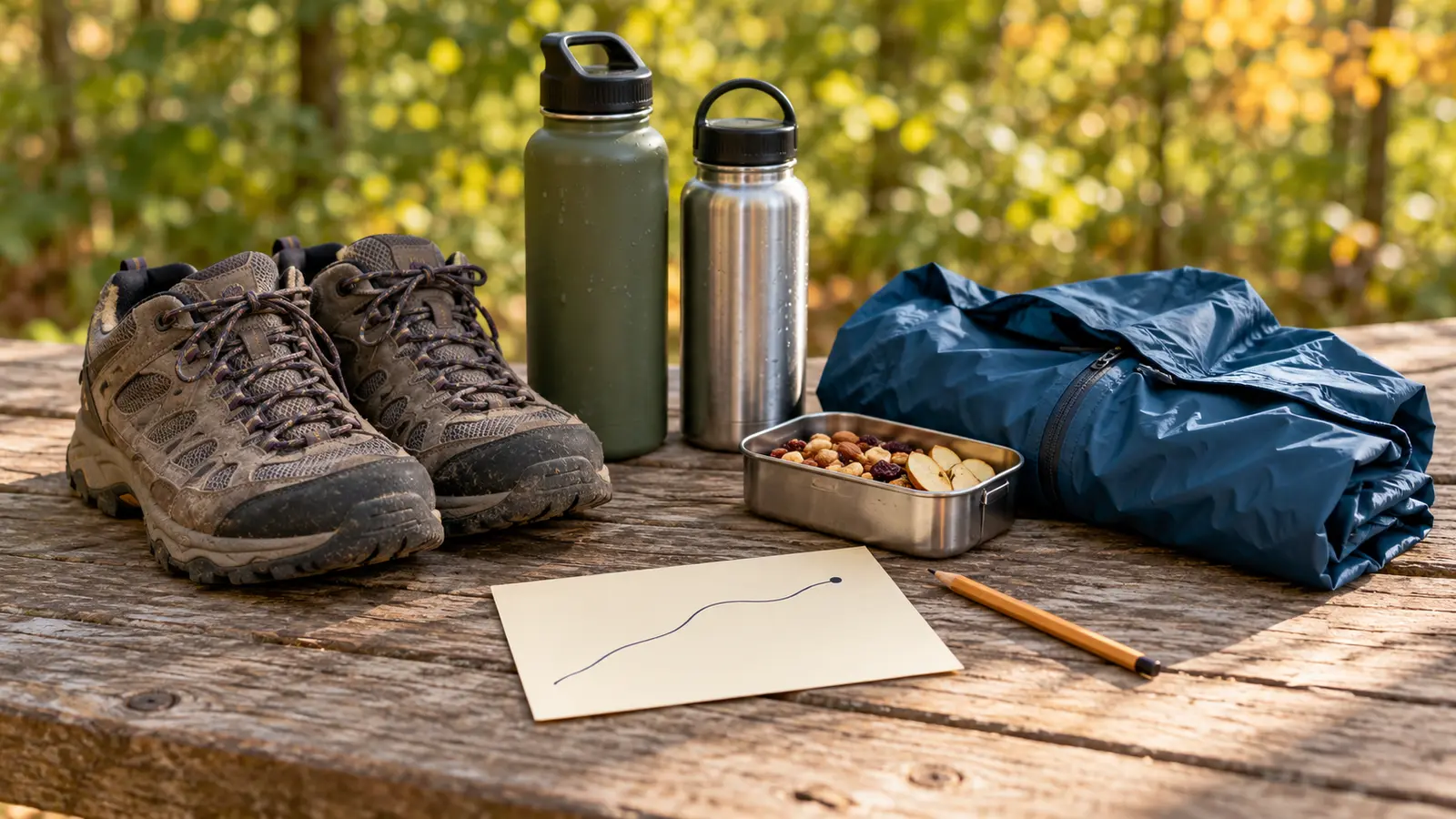Conceptual family day-hike planning still life with worn shoes, water bottles, rain shell, snack box and an abstract blank route card