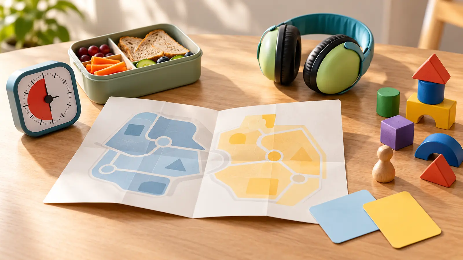 Conceptual museum-day planning still life with a two-zone map, timer, lunch, sensory headphones, blocks and two blank decision cards