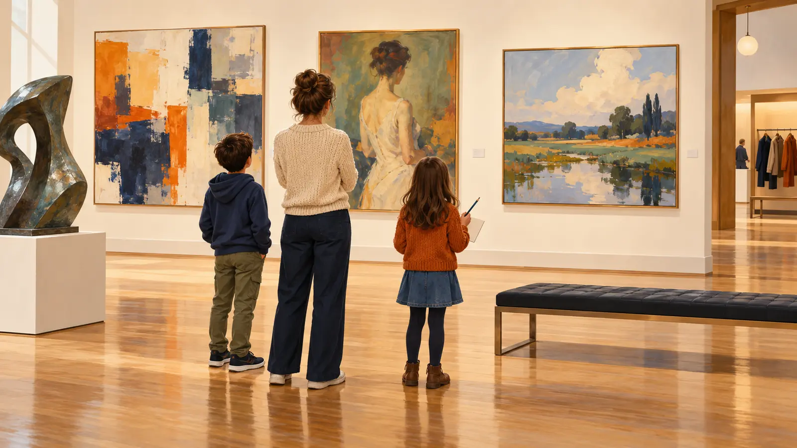 Conceptual family looking at three generic artworks in a bright university gallery while one child holds a graphite pencil and blank sketch card