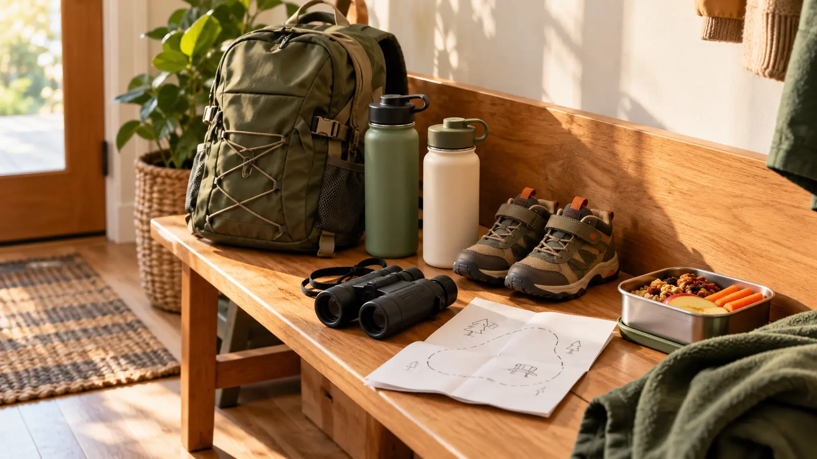 Conceptual zoo-day planning still life with unbranded backpack, bottles, walking shoes, binoculars, snack box and hand-drawn loop