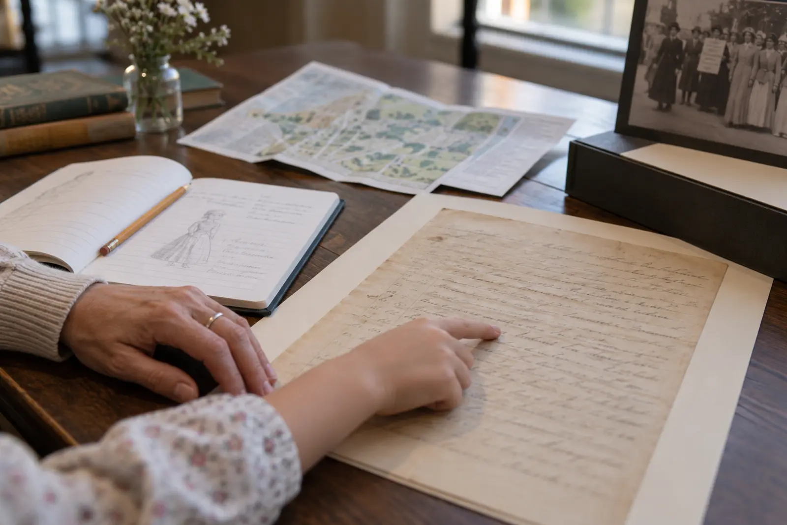 Adult and child studying a facsimile-style nineteenth-century petition with a notebook and map on a table